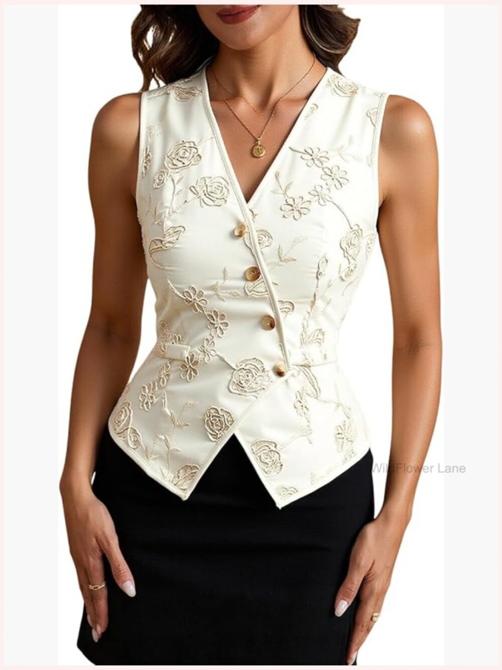 Floral Embroidery Button Up Wrap V Neck Sleeveless Blouse Vest